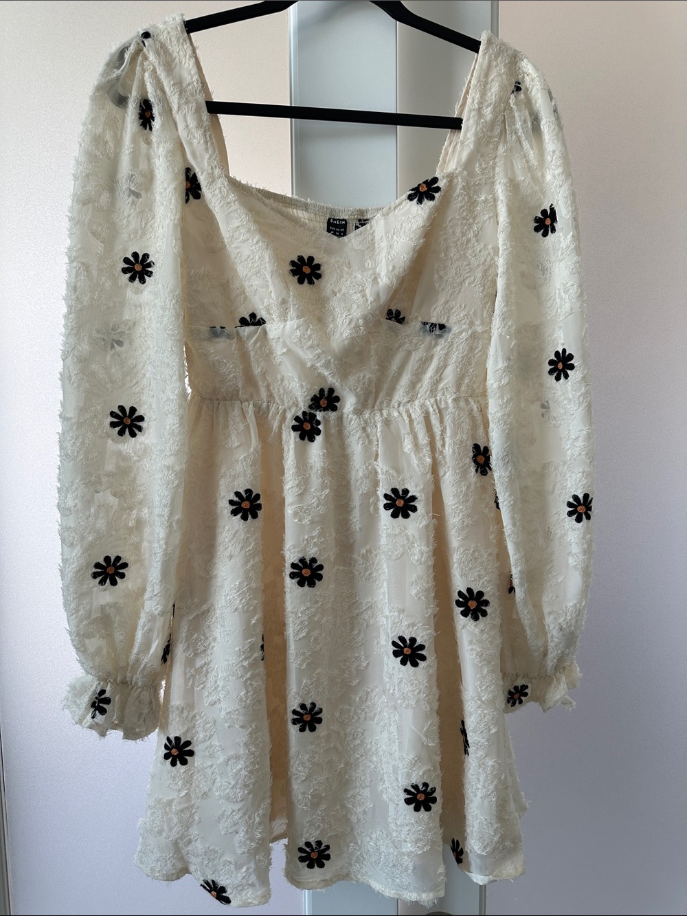 SHEIN Cream Long-Sleeve Mini Dress with Black Daisy Embroidery